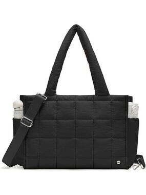 Women's Black Quilted Zipper Tote Bag Puffy Weekender Overnight Nylon Shoulder